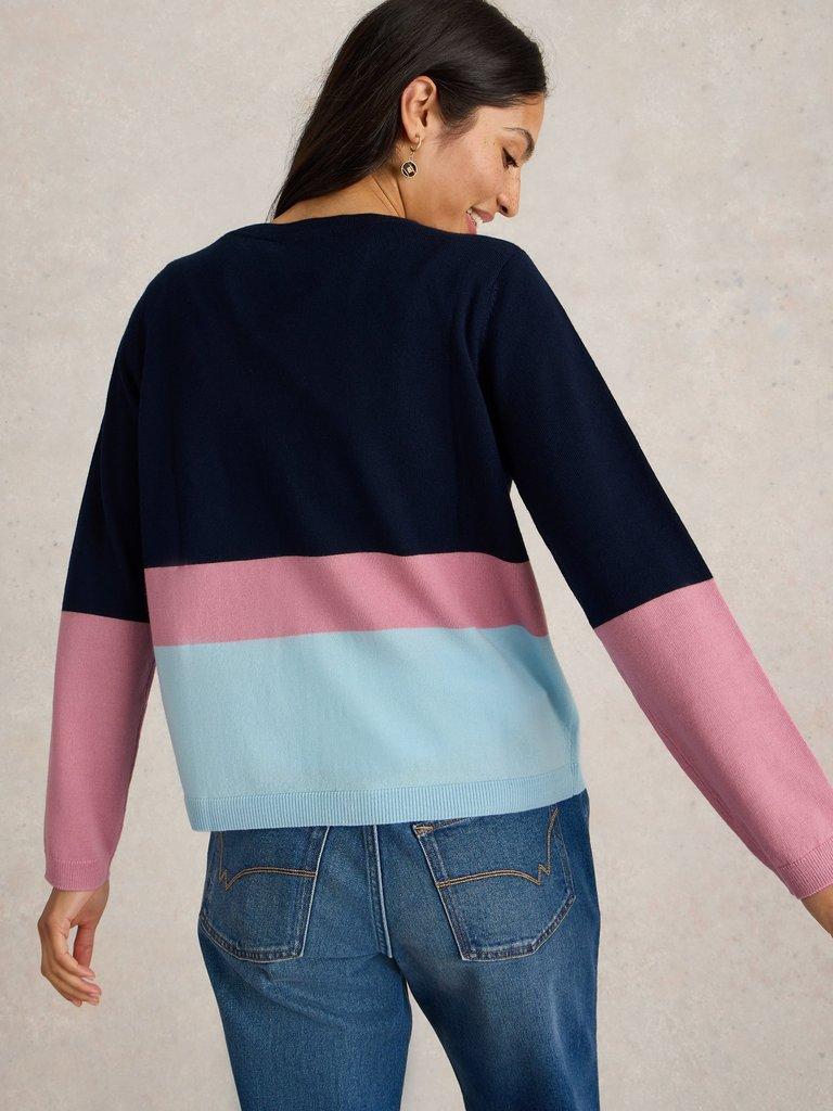 MERINO WOOL CARDIGAN in NAVY MULTI - MODEL BACK