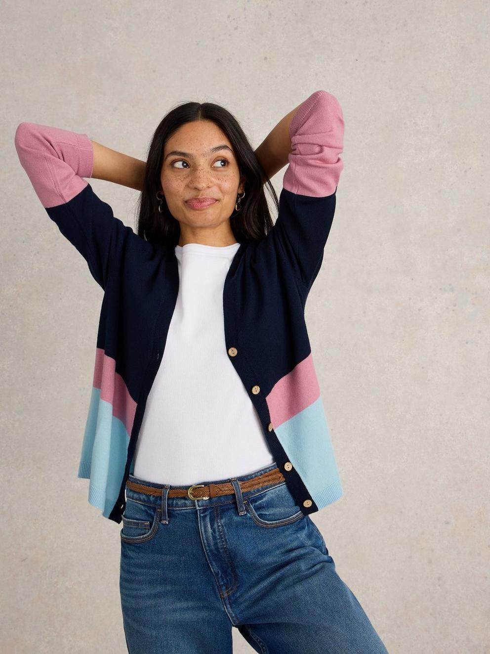 MERINO WOOL CARDIGAN in NAVY MULTI - MODEL DETAIL