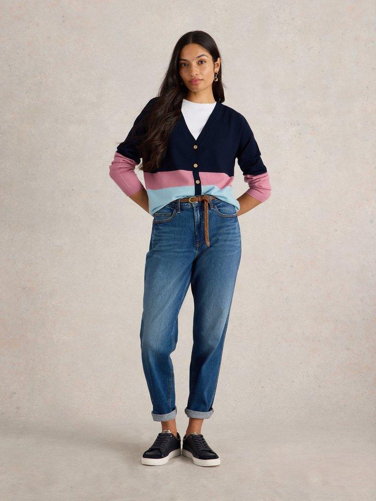 MERINO WOOL CARDIGAN in NAVY MULTI - MODEL FRONT