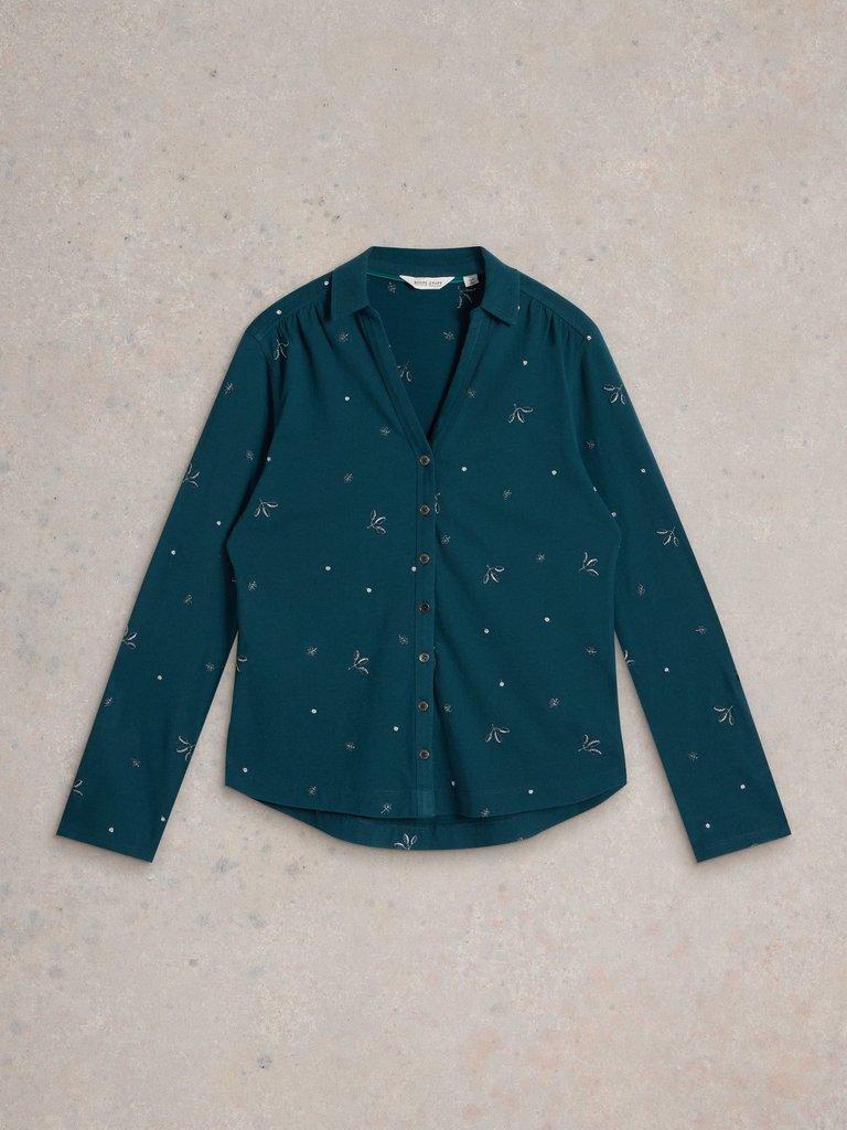 ANNIE EMBROIDERED COLLARED SHIRT in TEAL MLT - FLAT FRONT