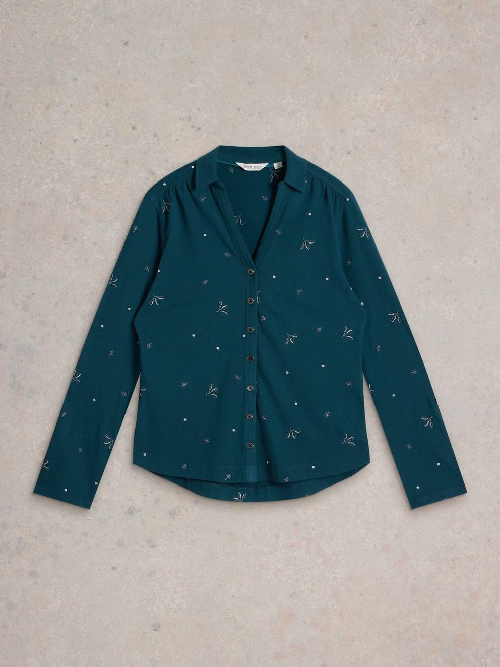 ANNIE EMBROIDERED COLLARED SHIRT in TEAL MLT - FLAT FRONT