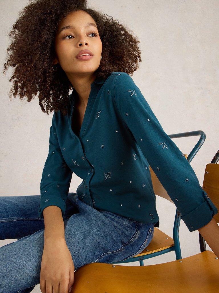 ANNIE EMBROIDERED COLLARED SHIRT in TEAL MLT - LIFESTYLE