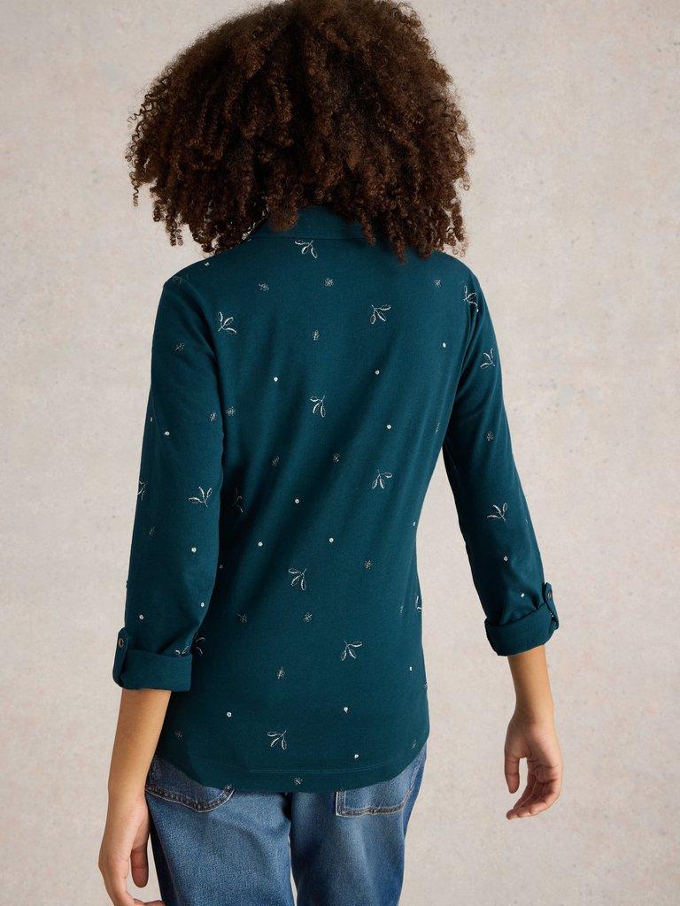 ANNIE EMBROIDERED COLLARED SHIRT in TEAL MLT - MODEL BACK