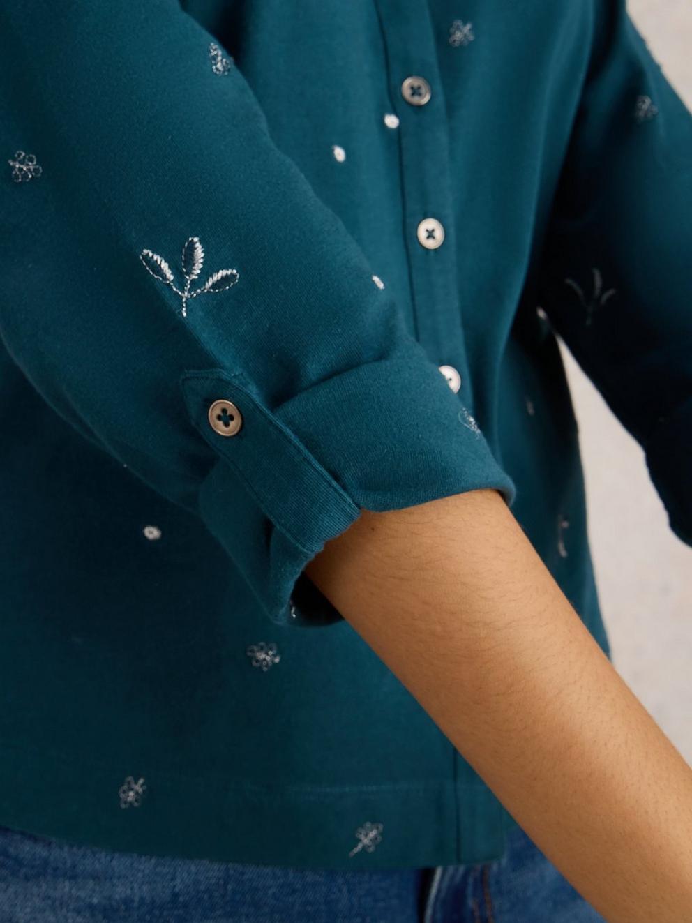 ANNIE EMBROIDERED COLLARED SHIRT in TEAL MLT - MODEL DETAIL