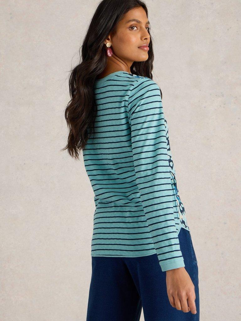 CLARA CREW NECK TEE in BLUE MLT - MODEL BACK