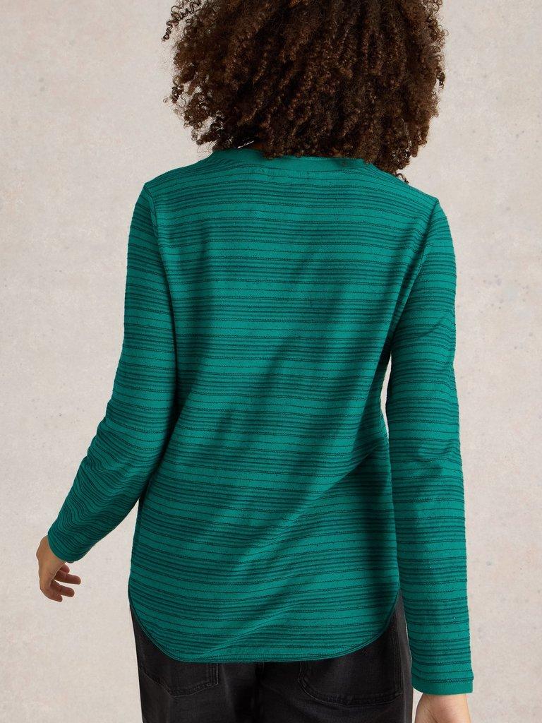 CLARA STITCH LS TEE in TEAL MLT - MODEL BACK