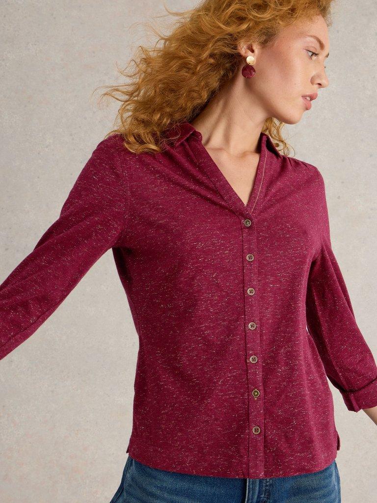 ANNIE SPARKLE SHIRT in DK PLUM - MODEL DETAIL