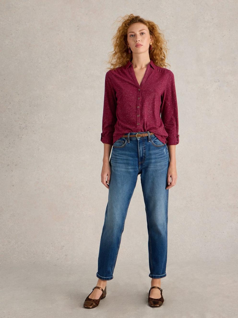 ANNIE SPARKLE SHIRT in DK PLUM - MODEL FRONT