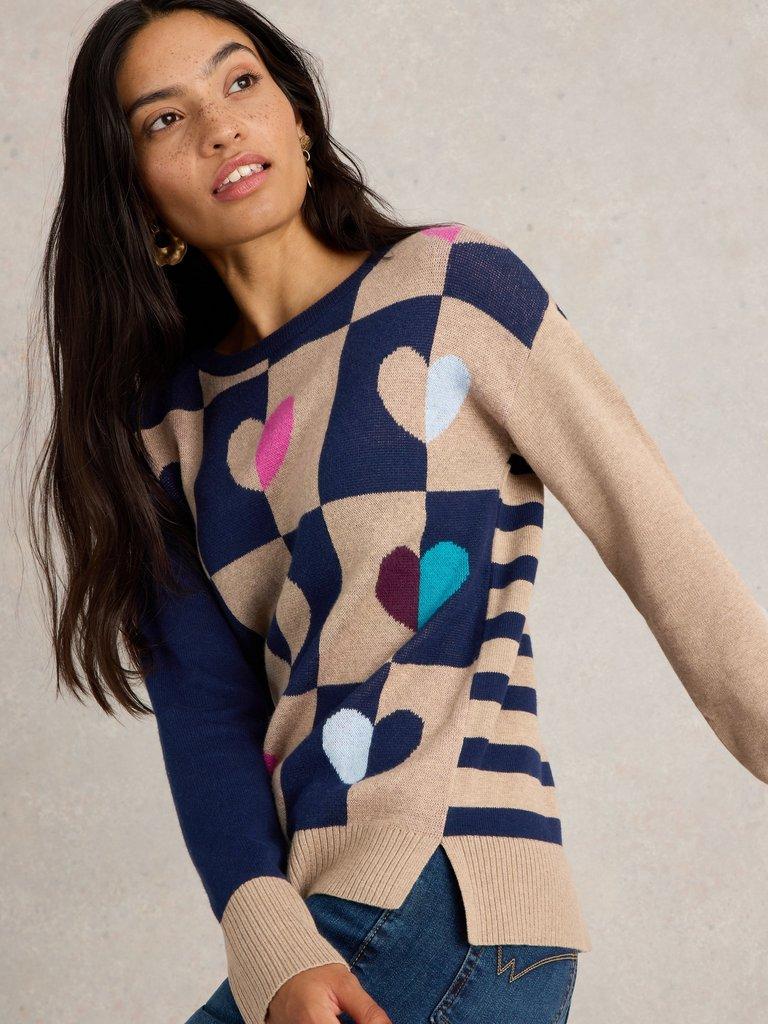 CITY CHECK HEART JUMPER in NAT MLT - MODEL DETAIL