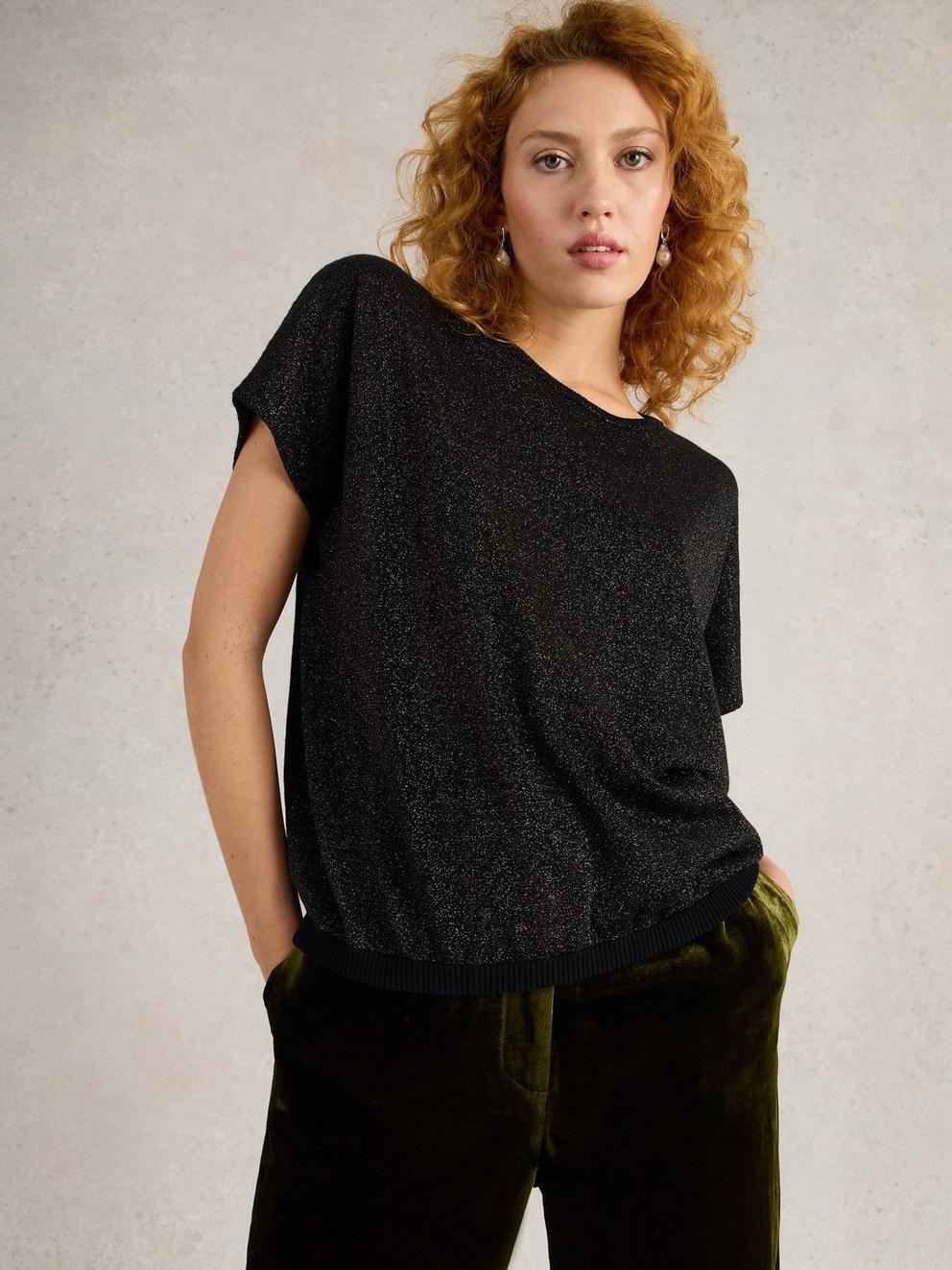 LENA SPARKLE KNIT TEE in PURE BLK - MODEL DETAIL