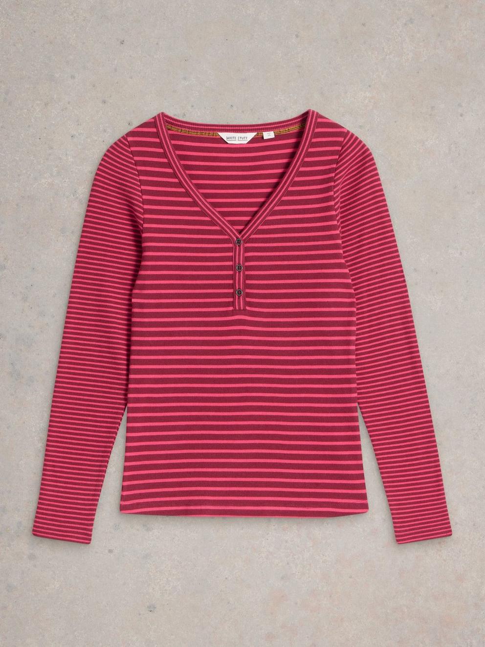 HALLEY RIB STRIPED HENLEY in PINK MLT - FLAT FRONT