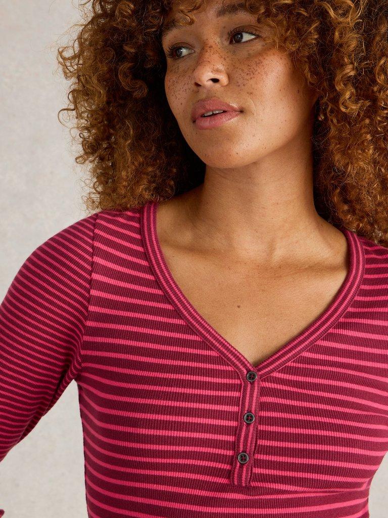 HALLEY RIB STRIPED HENLEY in PINK MLT - MODEL BACK