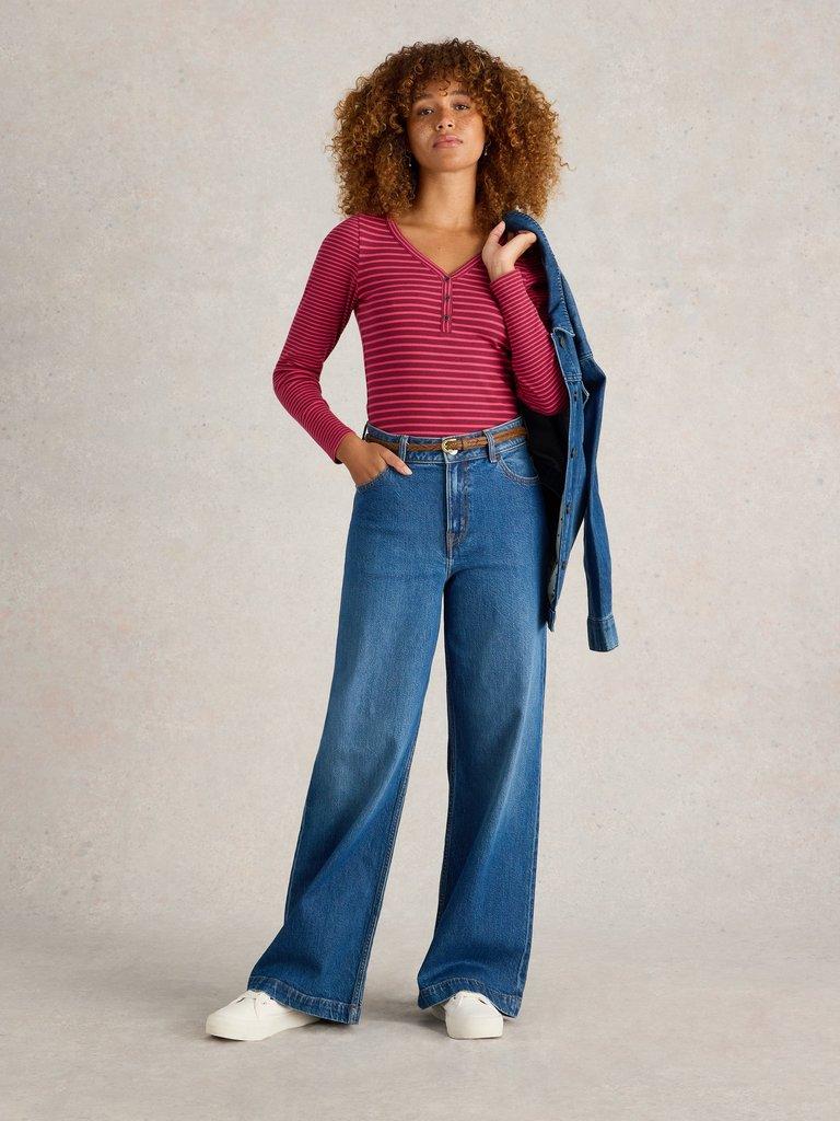 HALLEY RIB STRIPED HENLEY in PINK MLT - MODEL FRONT