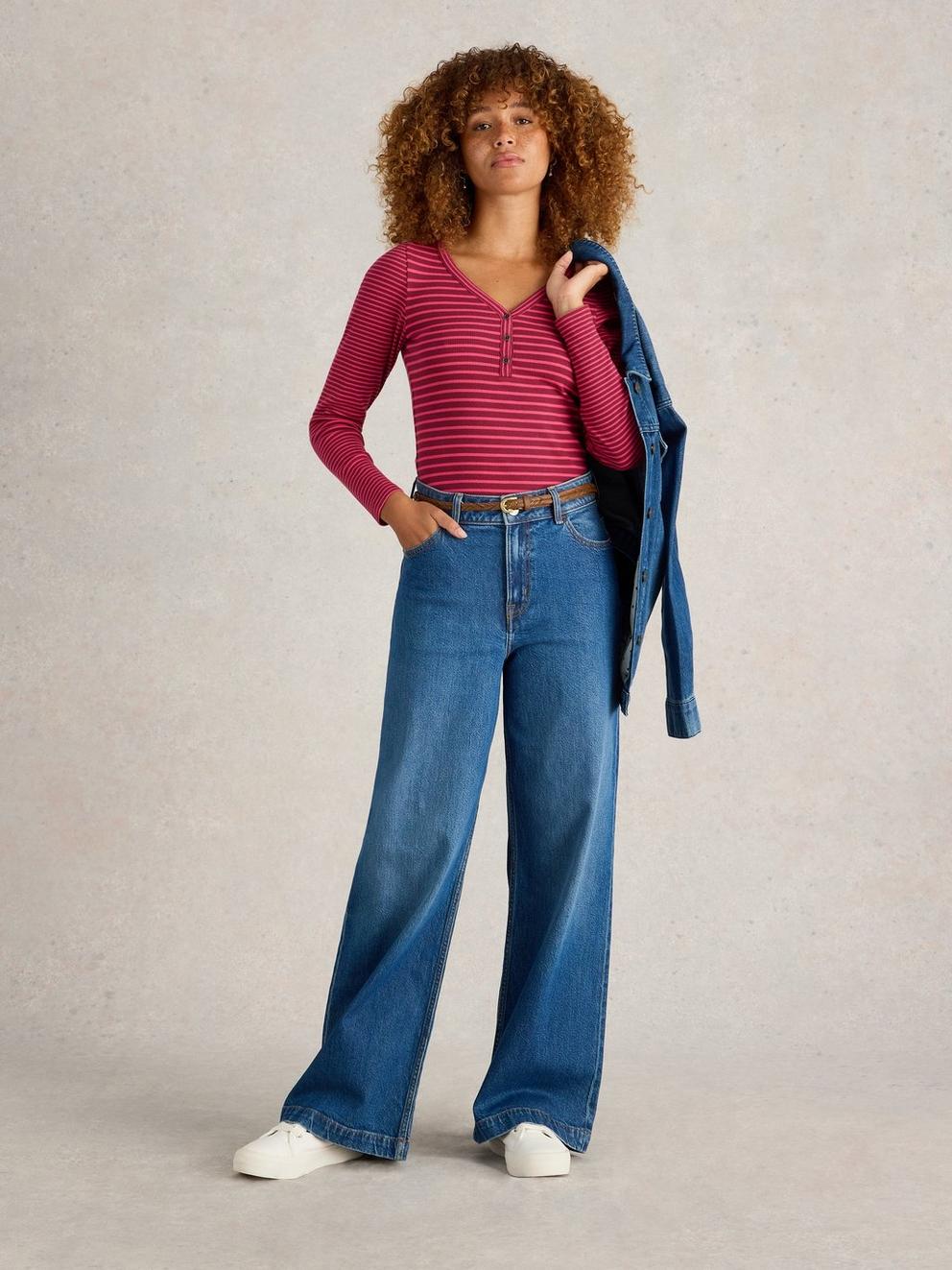 HALLEY RIB STRIPED HENLEY in PINK MLT - MODEL FRONT