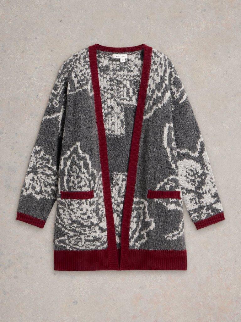 FIONA FLORAL LONGLINE WOOL CARDI in GREY MLT - FLAT FRONT