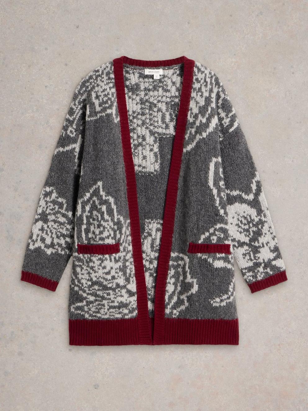 FIONA FLORAL LONGLINE WOOL CARDI in GREY MLT - FLAT FRONT