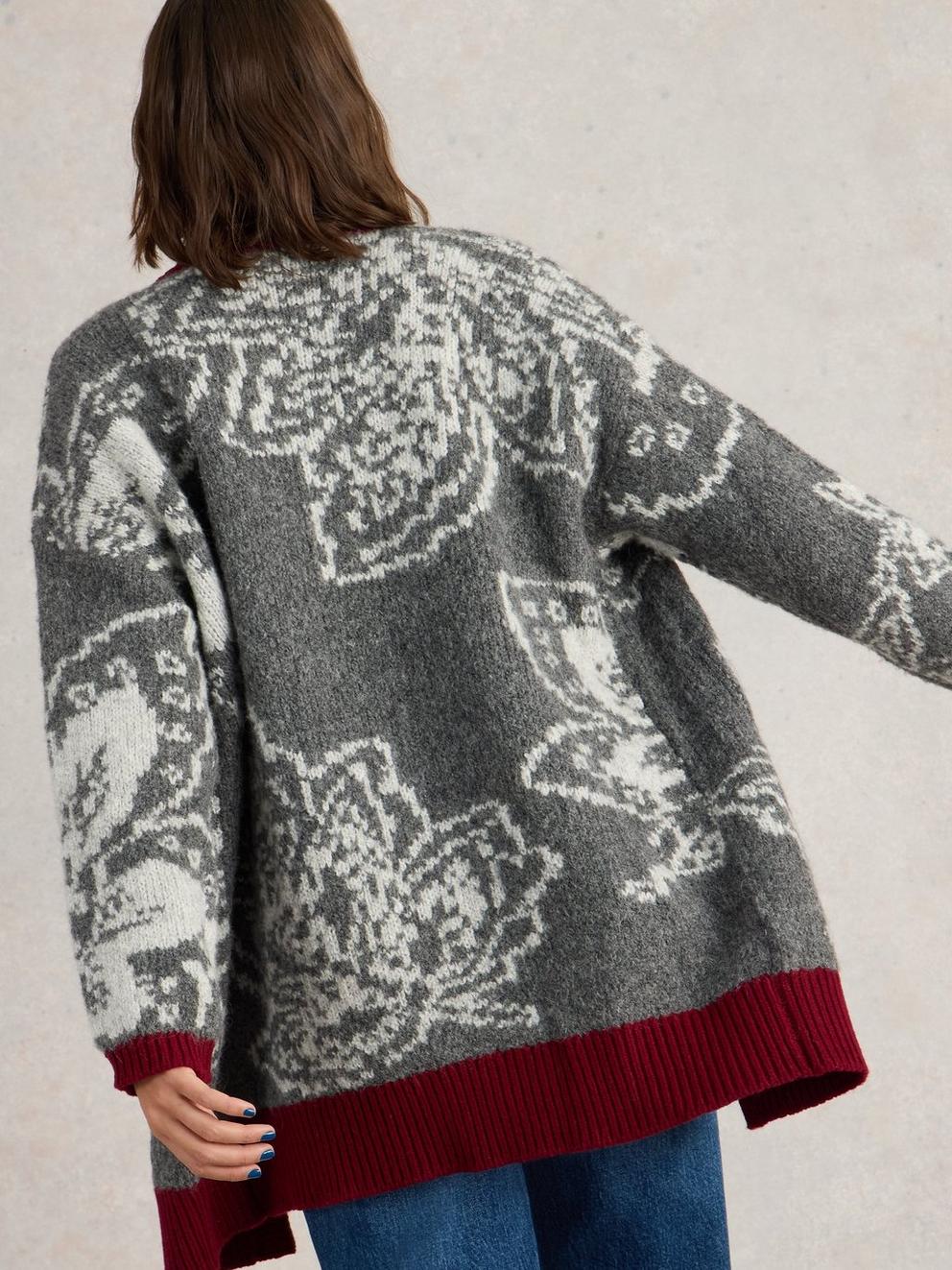 FIONA FLORAL LONGLINE WOOL CARDI in GREY MLT - MODEL BACK