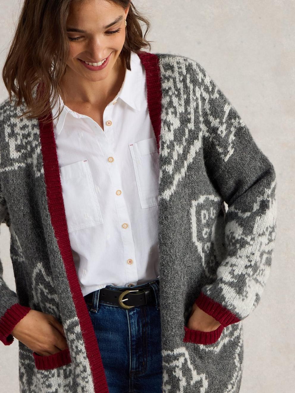 FIONA FLORAL LONGLINE WOOL CARDI in GREY MLT - MODEL DETAIL