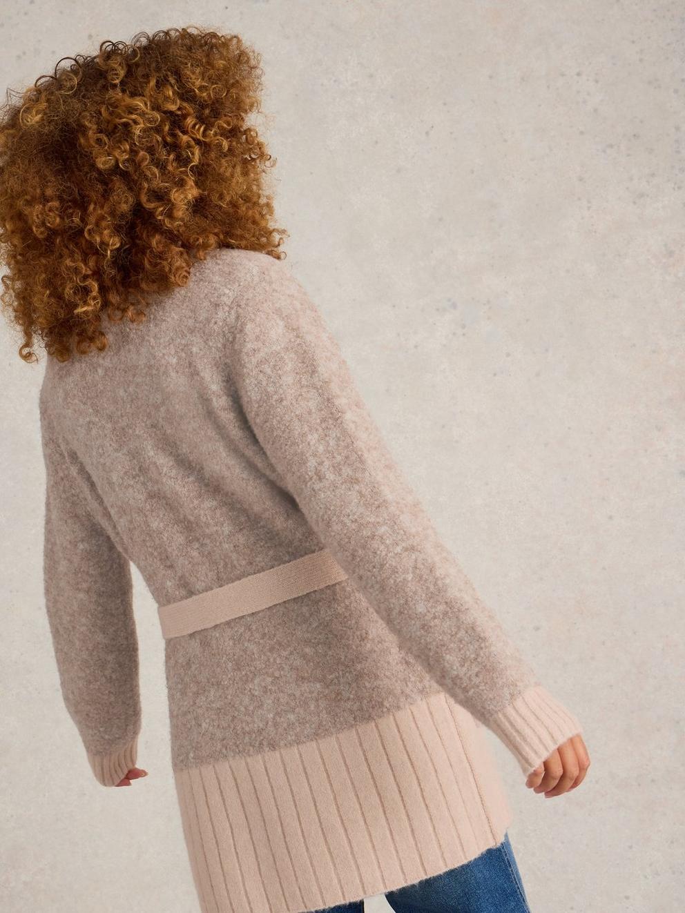 BOBBY BOUCLE BELTED CARDI in LGT NAT - MODEL BACK