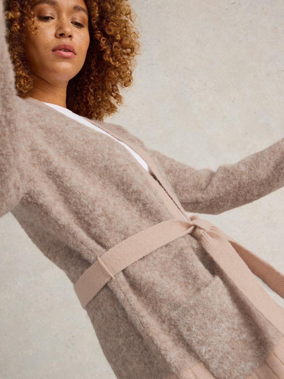 BOBBY BOUCLE BELTED CARDI in LGT NAT - MODEL DETAIL