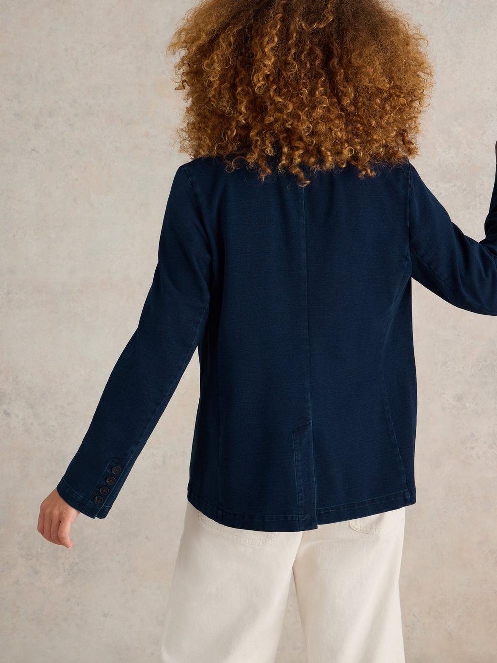 Evelyn Cotton Jersey Blazer in DK DENIM - MODEL BACK