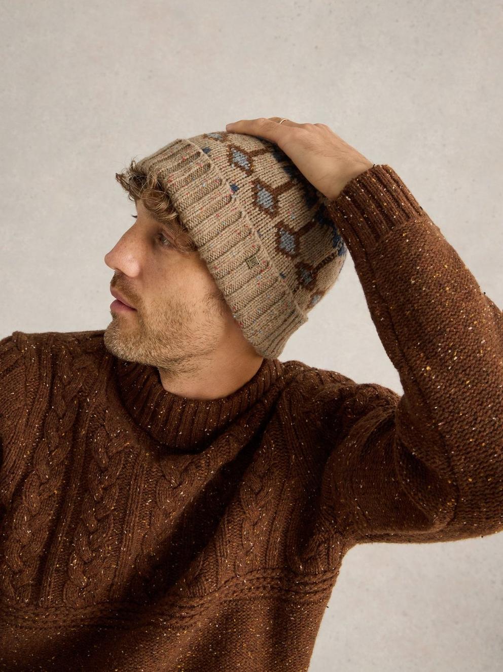 Grove Fairisle Beanie in NAT MLT - MODEL FRONT