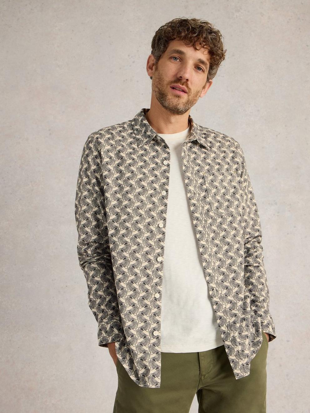 Bird Printed Shirt in WHITE PR - MODEL DETAIL