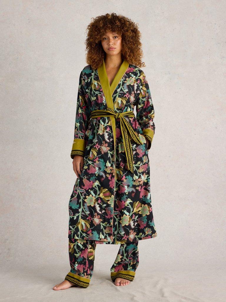 Nina Organic Dressing Gown in BLK PR - MODEL FRONT