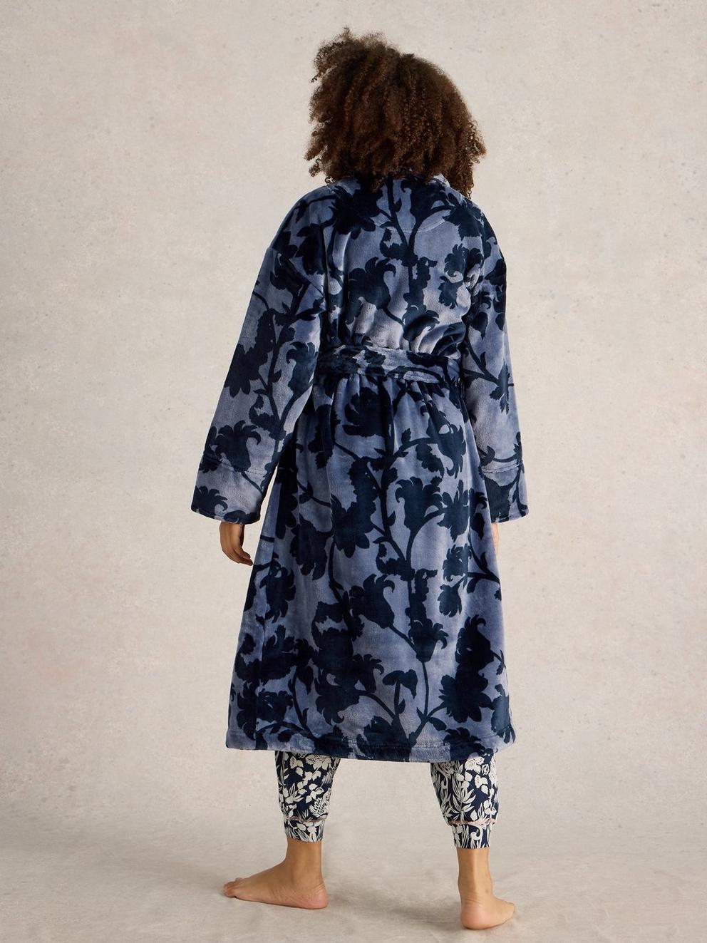 Clover Cosy Dressing Gown in BLUE PR - MODEL BACK