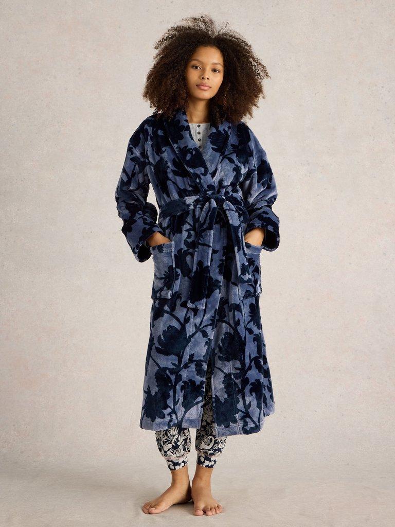 Clover Cosy Dressing Gown in BLUE PR - MODEL FRONT