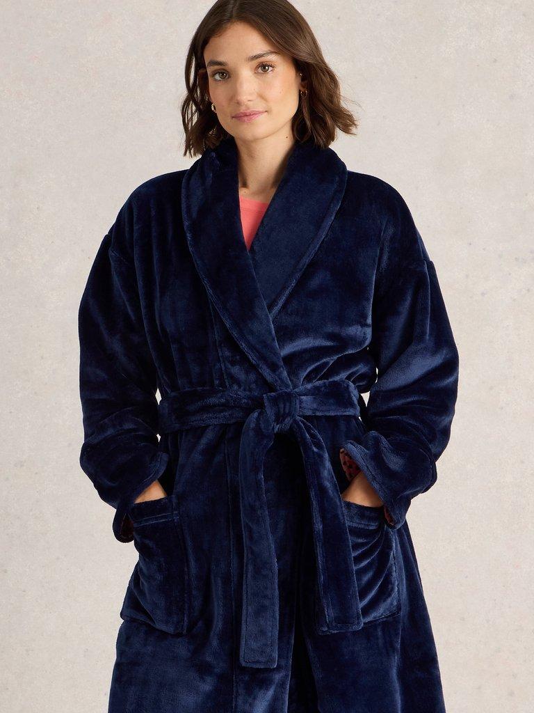 Clover Cosy Dressing Gown in DARK NAVY - MODEL DETAIL