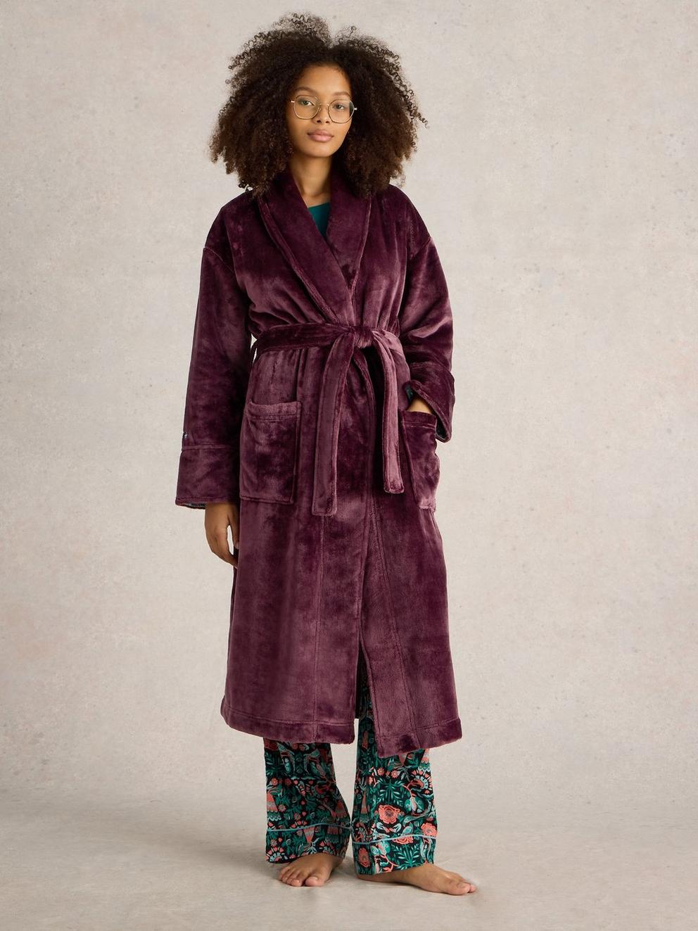 Clover Cosy Dressing Gown in DK PURPLE - MODEL FRONT