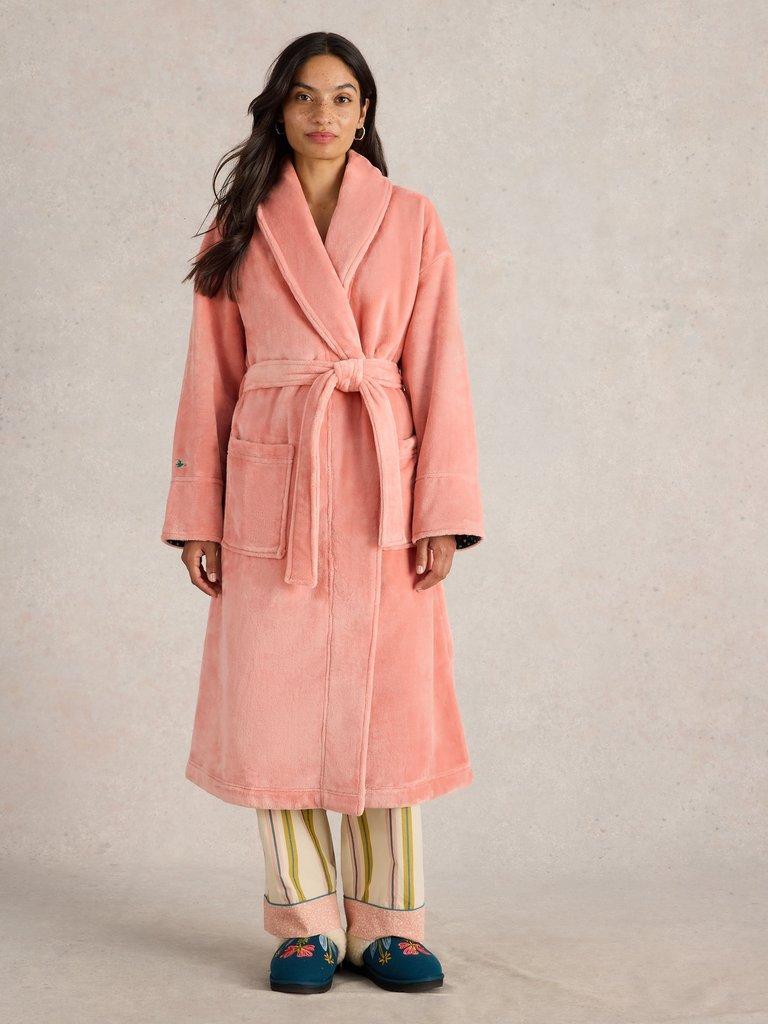 Clover Cosy Dressing Gown in MID PINK - MODEL FRONT