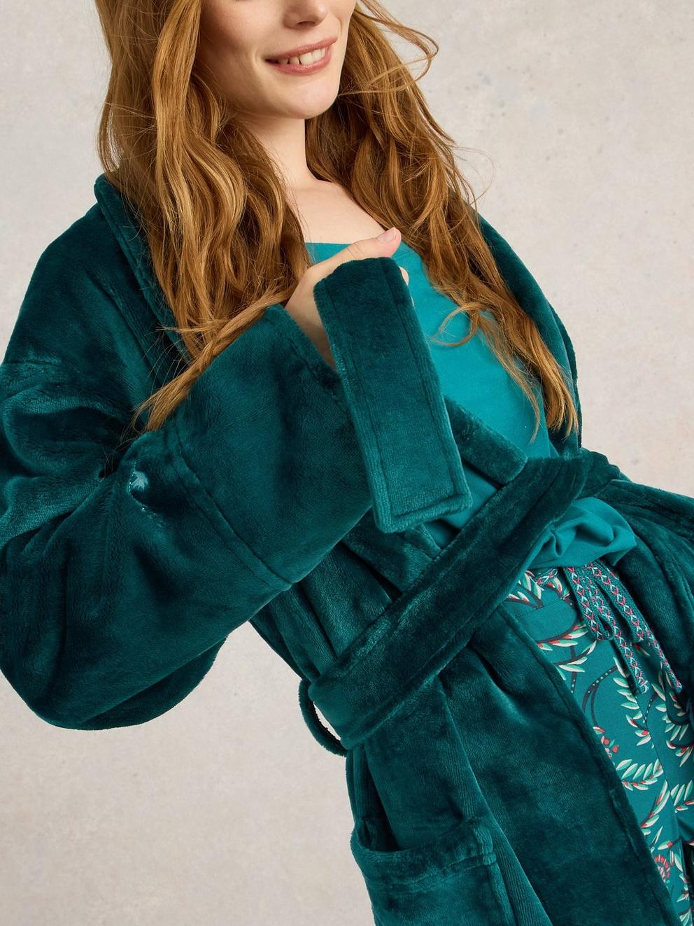 Clover Cosy Dressing Gown in MID TEAL - MODEL DETAIL