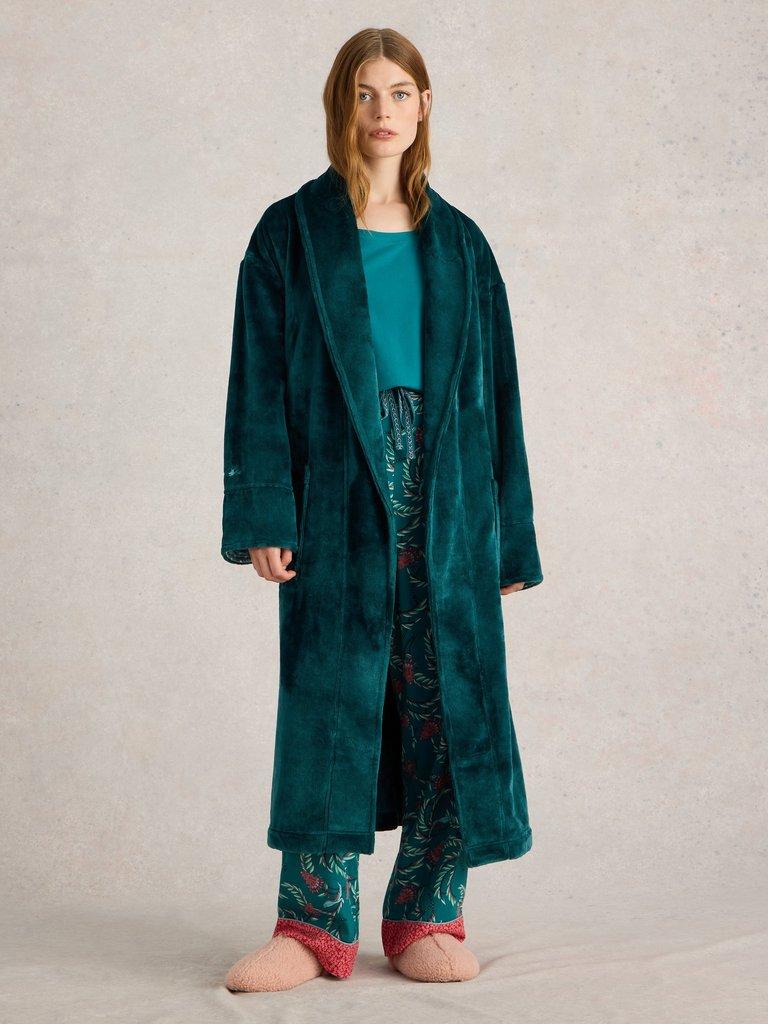 Clover Cosy Dressing Gown in MID TEAL - MODEL FRONT