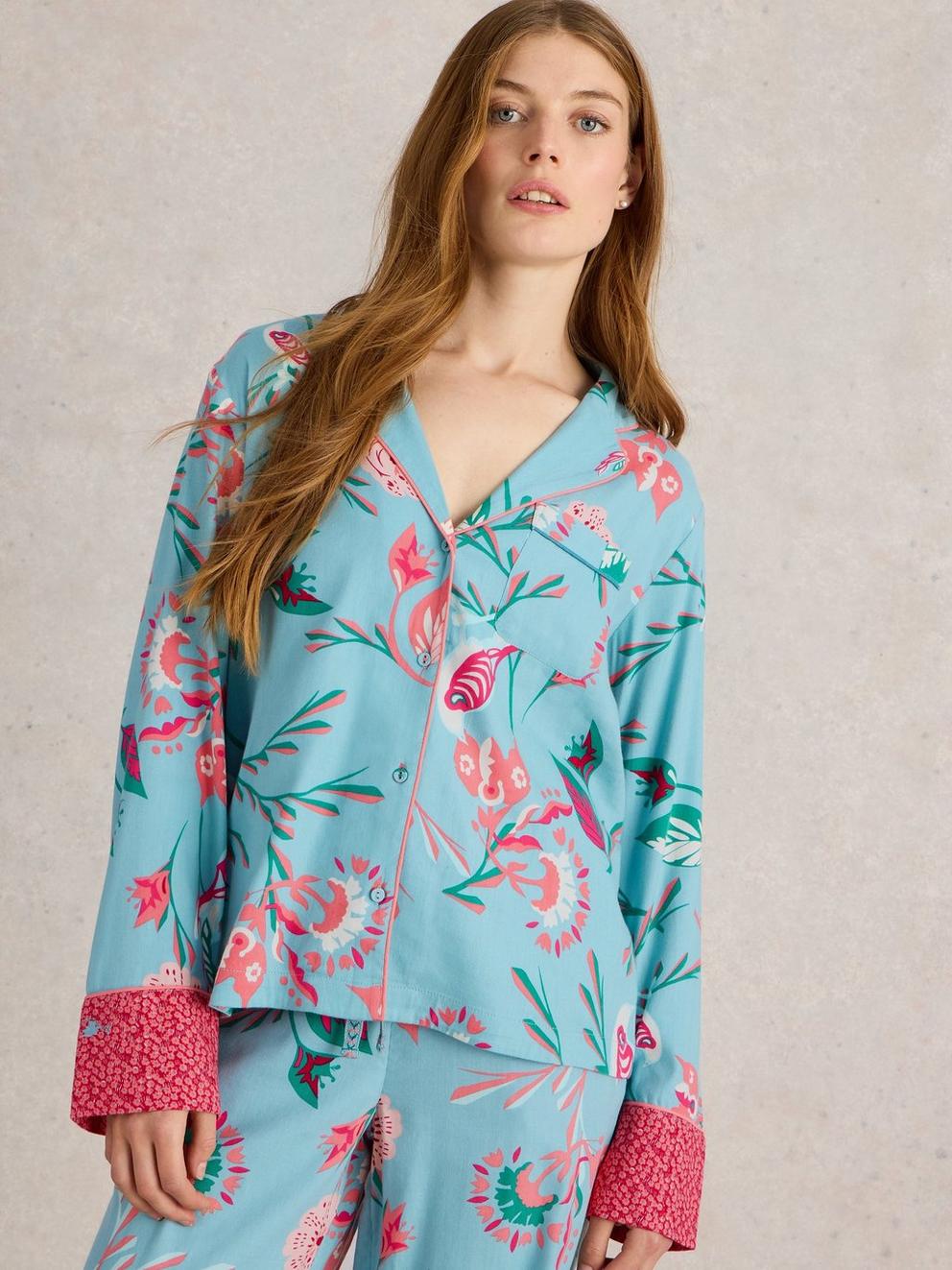 Nina Organic PJ Shirt in BLUE PR - MODEL DETAIL