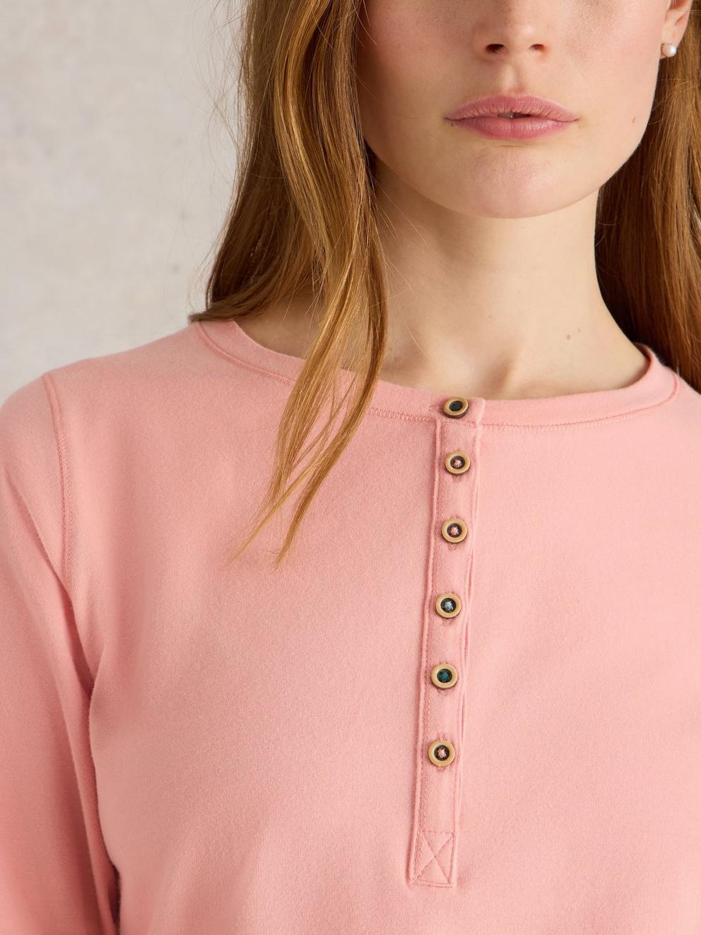 Hailey Henley Jersey Top in LGT PINK - MODEL DETAIL