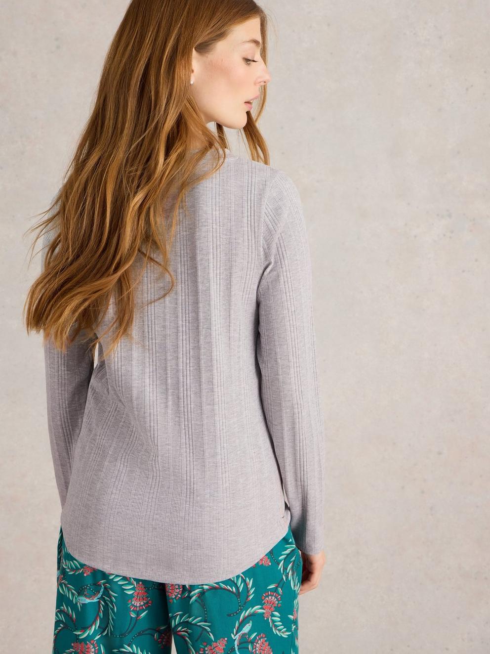 Hailey Rib Henley Jersey Top in GREY MARL - MODEL BACK