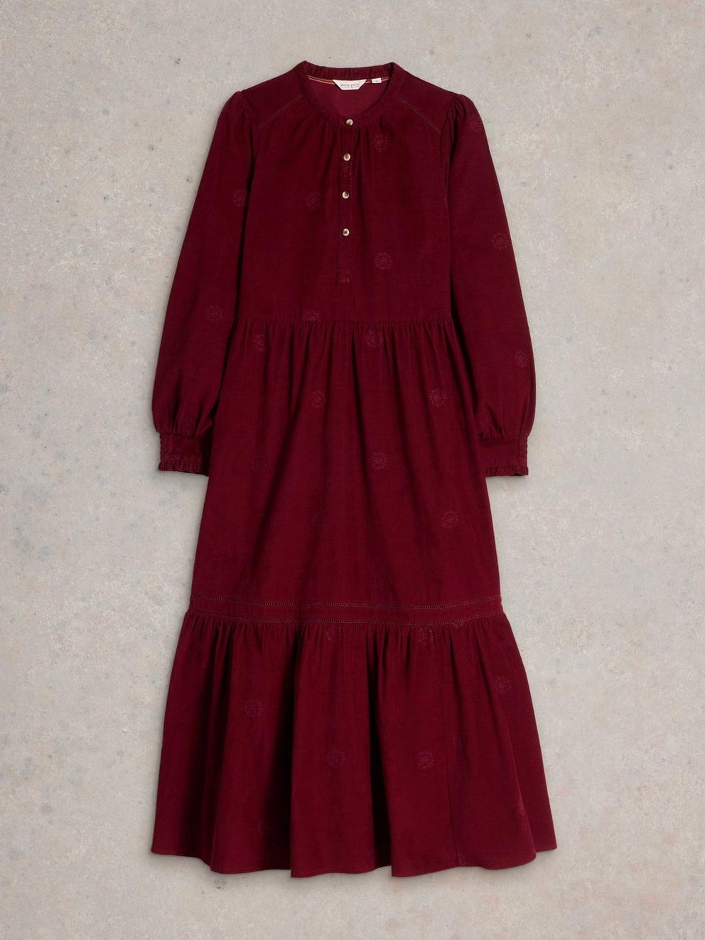 Finn Embroidered Cord Dress in DK PLUM - FLAT FRONT