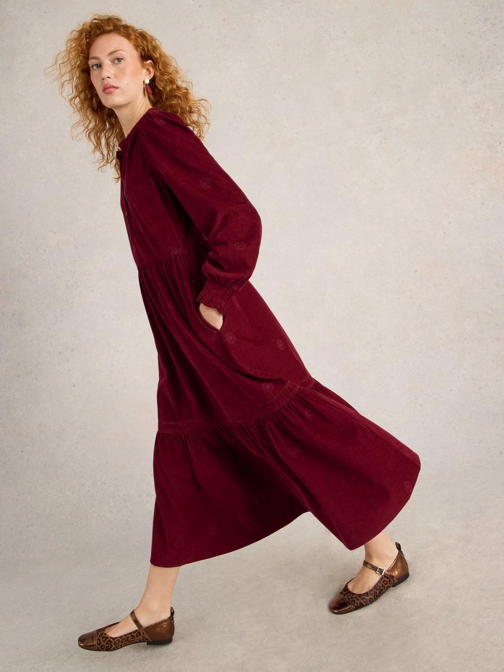 Finn Embroidered Cord Dress in DK PLUM - LIFESTYLE