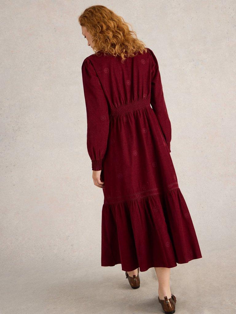 Finn Embroidered Cord Dress in DK PLUM - MODEL BACK