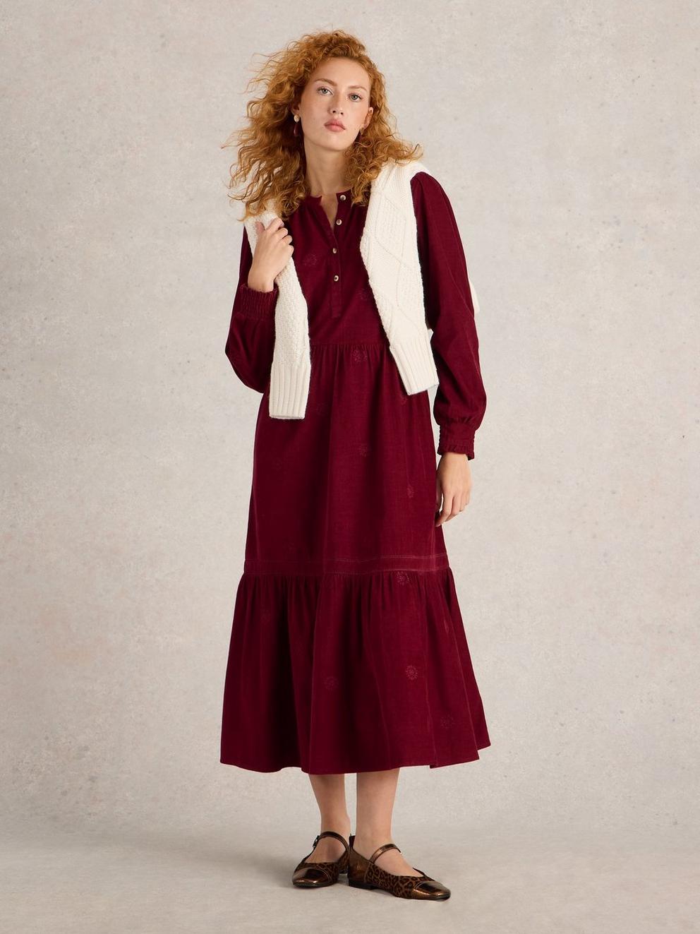 Finn Embroidered Cord Dress in DK PLUM - MODEL FRONT