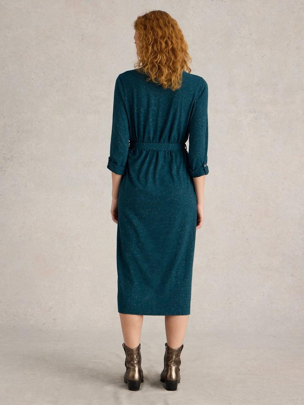 Annie Sparkle Jersey Dress in TEAL MLT - MODEL BACK