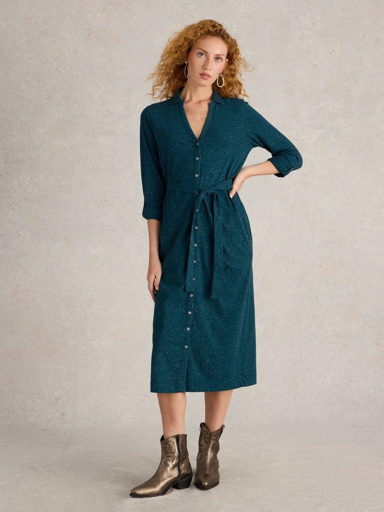 Annie Sparkle Jersey Dress in TEAL MLT - MODEL FRONT