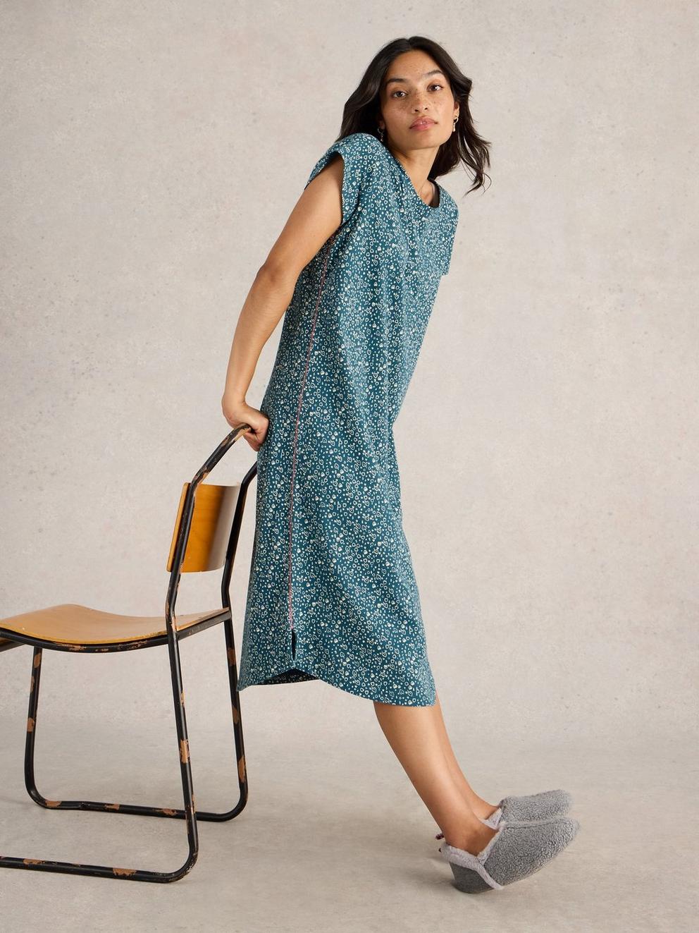 Tilda Midi Jersey Nightie in TEAL PRINT | White Stuff