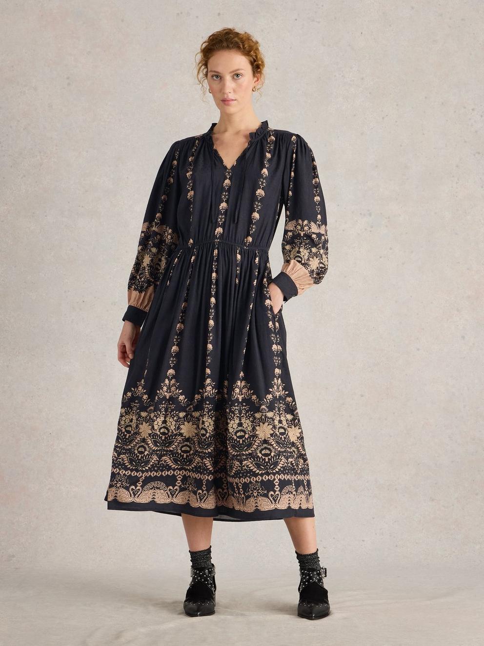 Robyn Embroidered Dress in BLK MLT - MODEL FRONT