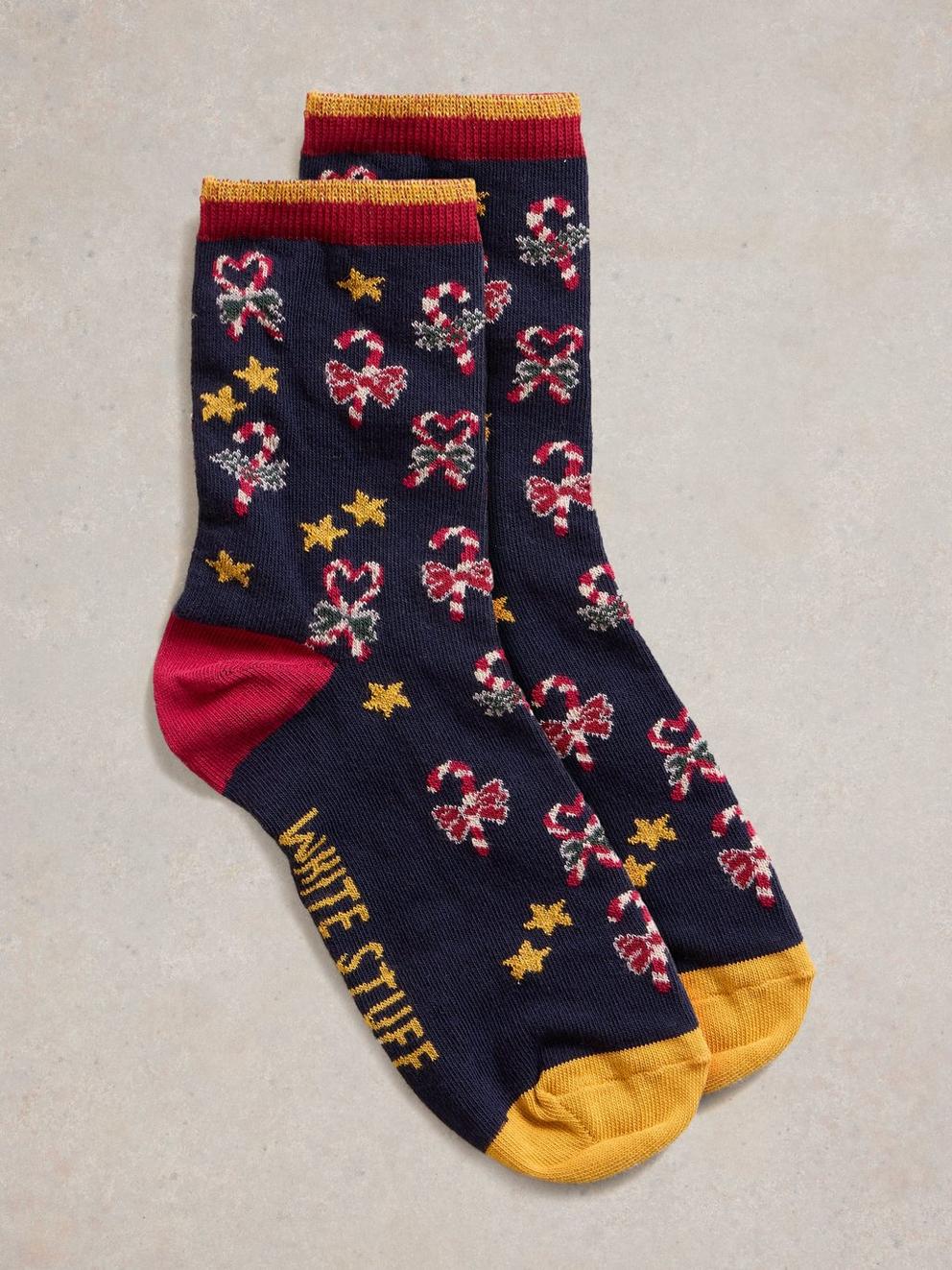 Candy Cane Sock in a Cracker in NAVY MULTI - FLAT FRONT