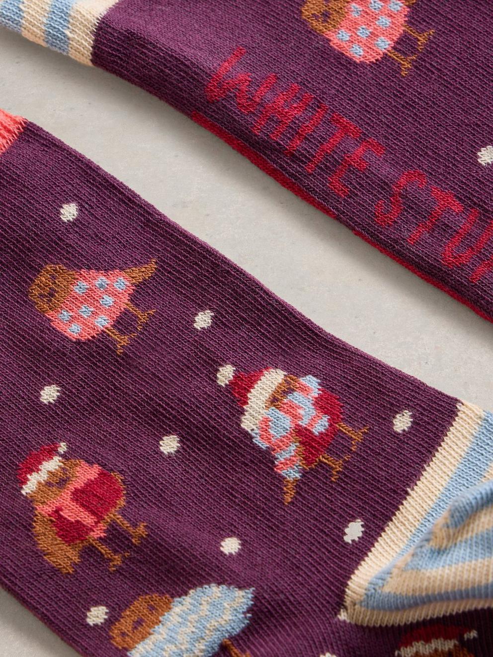 Cosy Robin Sock in a Cracker in PLUM MLT - FLAT DETAIL