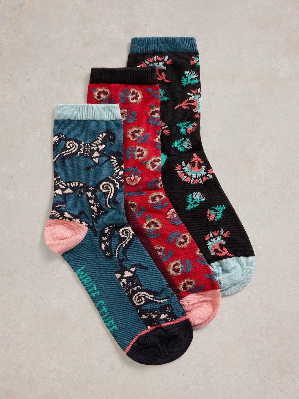 3PK Floral Ankle Sock in TEAL MLT - FLAT FRONT