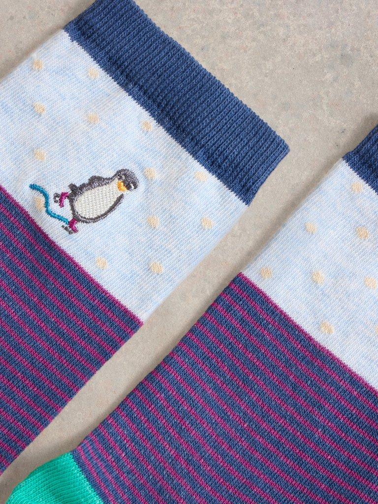 Penguin Embroidered Ankle Sock in BLUE MLT - FLAT DETAIL